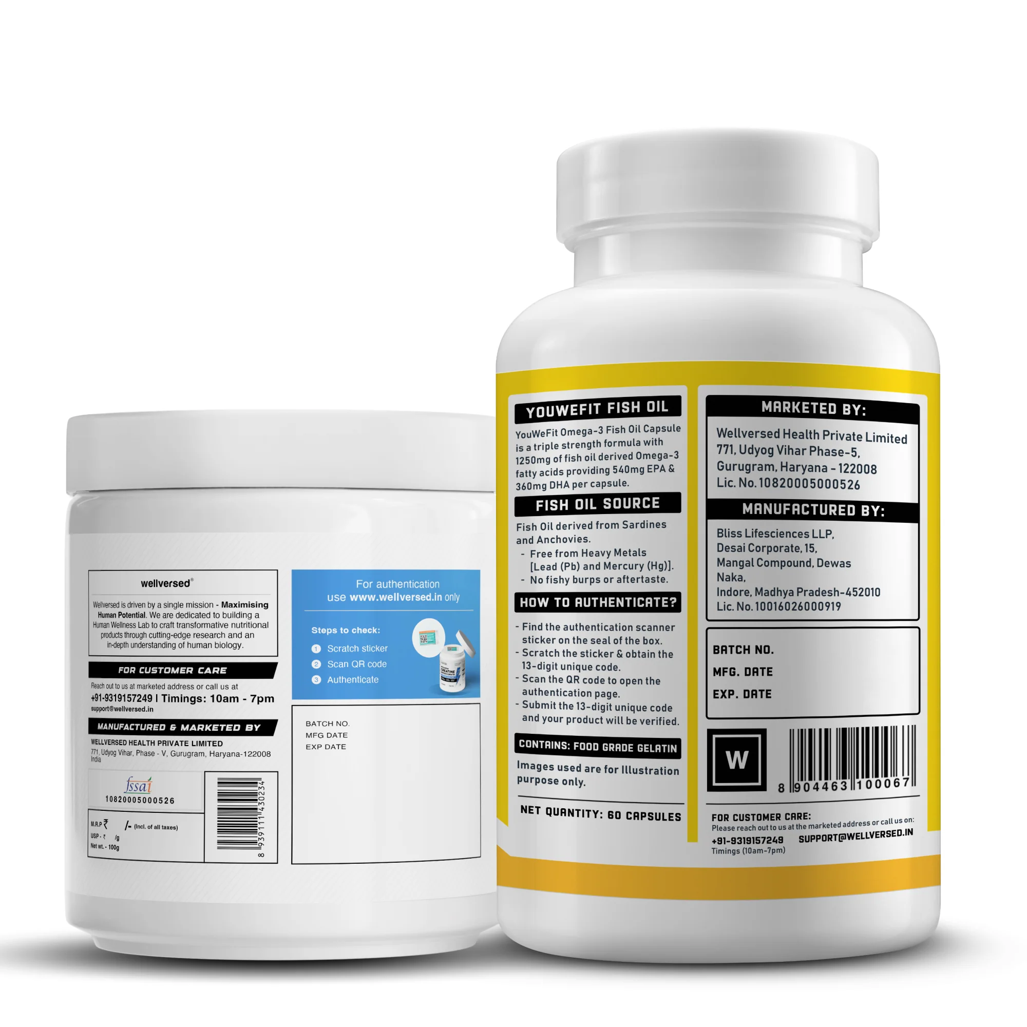 YouWeFit Omega-3 Fish Oil (60 Capsules), 1250mg + Wellcore Creatine Monohydrate (100gm, 33 Servings) - Image 3