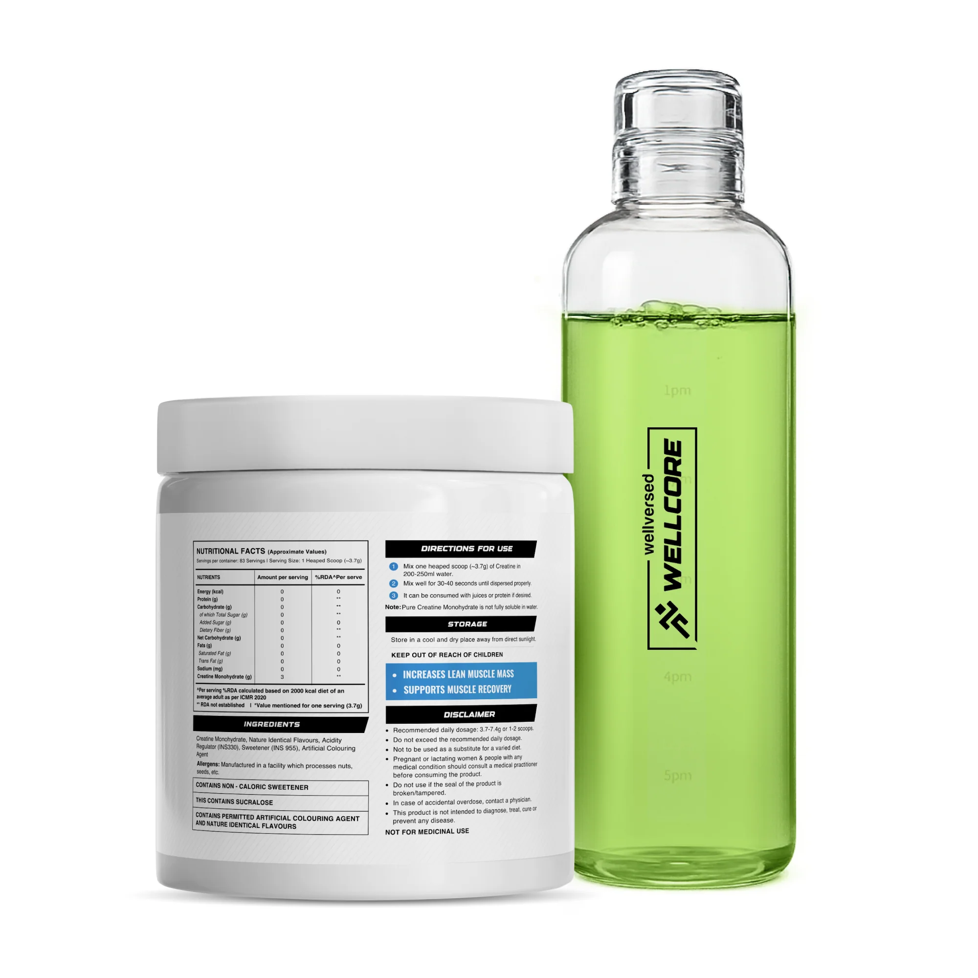 Wellcore - Micronised Creatine Monohydrate (83 Servings, Kiwi Kick) + Premium Glass Bottle - Image 3