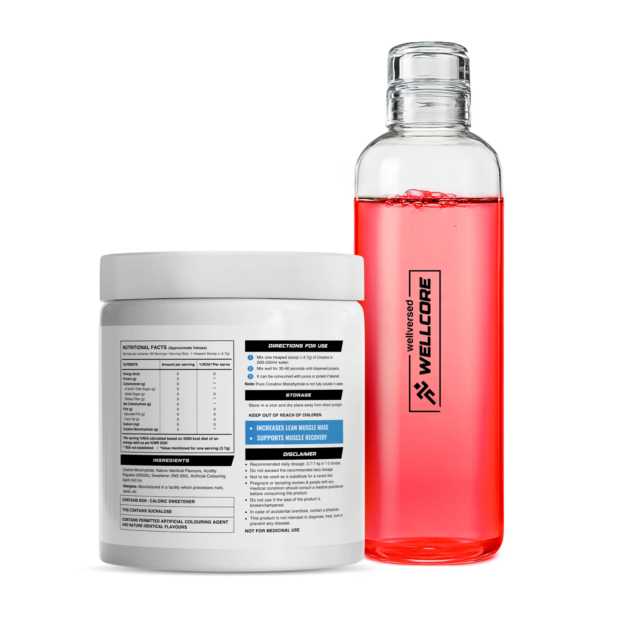 Wellcore - Micronised Creatine Monohydrate (83 Servings, Watermelon Wave ) + Premium Glass Bottle - Image 2